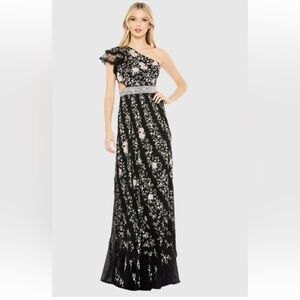 NWT Mac Duggal 70160 Black FLORAl GOWN One Shoulder size 6